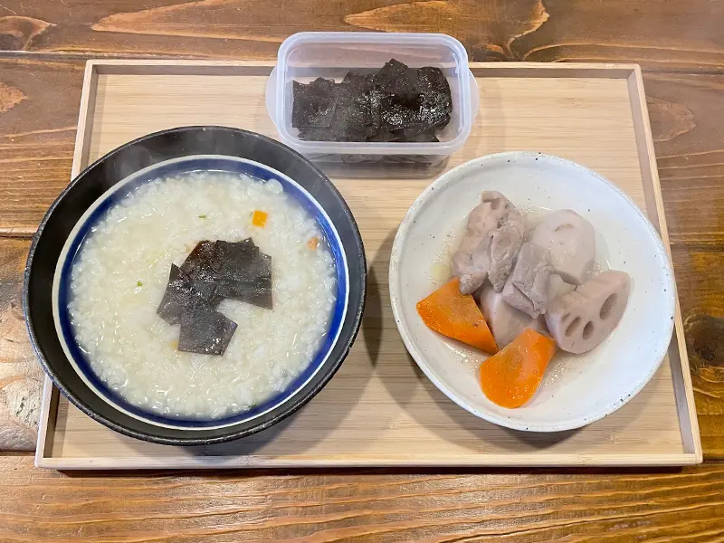 昆布の佃煮、筑前煮、フグ雑炊